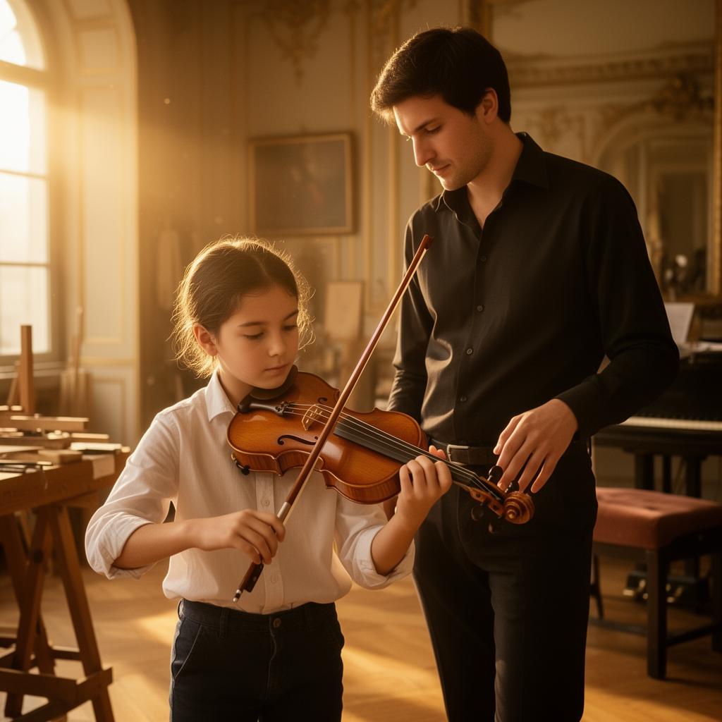 A student trying a violin with guidance