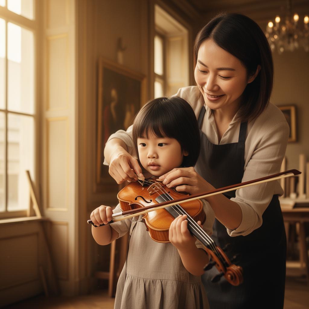 A young learner being fitted with a violin