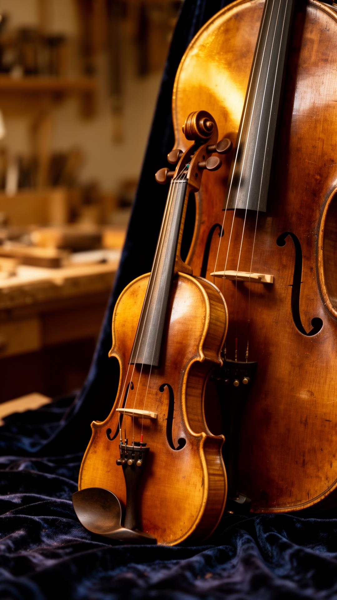 Fine violin and cello in a luthier's atelier