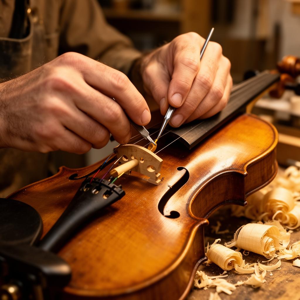 Luthier adjusting a violin bridge